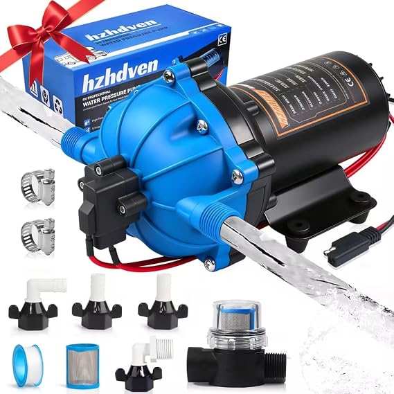 Upgraded 12V RV Water Pump, 7GPM 70PSI, Five Chamber Self-Priming Diaphragm 12V DC RV Fresh Pump with Heavy Duty Pressure Switch & Strainer for Marine, Yacht, Caravan, Camper