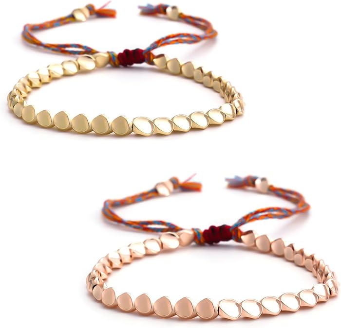 2pcs Handmade Tibetan Copper Bead Bracelet,Buddhist Style Adjustable Wristband,Good Luck Rope for Birthday or Anniversary