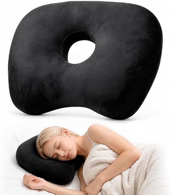 Ear Piercing Pillow, Ear Pillow with Hole for Side Sleepers, 44 x 32 CM, O-Shaped, Washable, for CNH and Ears Guard Inflammation Pressure Sores, Black