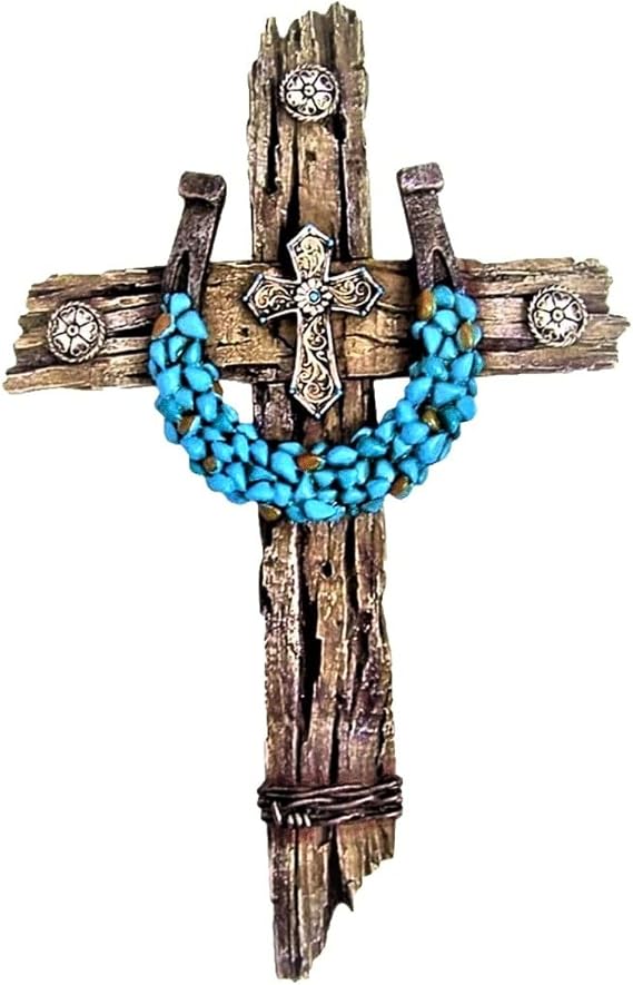 Rustic Drifted Wood Look Wall Cross - Turquoise Decor Horseshoe Wall Art | Spiritual religious home accent, faux wood resin hanging plaque, unique western country farmhouse decoration, cabin gift