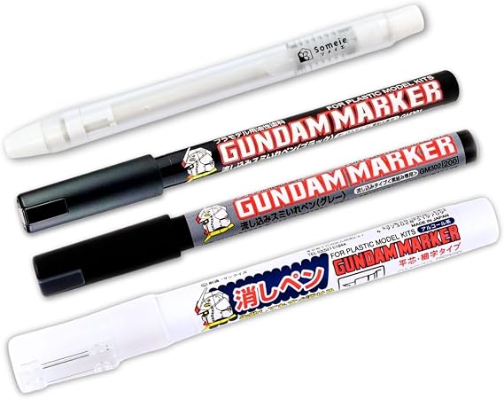 GSI Creos Gundam Marker Pour Type GM301 Black & GM302 Gray & Eraser Pen GM300 & Knock-Type Eraser Flow-in Type Panel Lining Pens