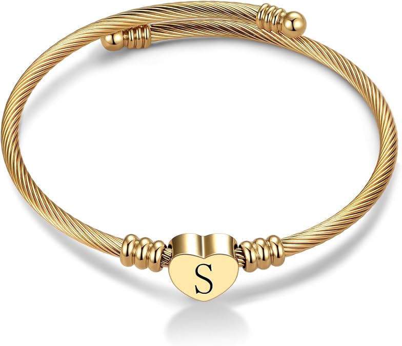Women Gold Plated Heart Initial A-Z Letter Cuff Bracelets Expandable Stainless Steel Birthday Jewelry