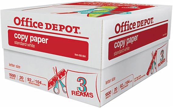 Office Depot 3-Ream Case Multipurpose Copy Fax Laser Inkjet Printer Paper, 8 1/2 x 11 inch Letter Size, 104 (Euro)/ 92 (US) Brightness, 20 lb. Density, White, 1500 Sheets Total (925382)