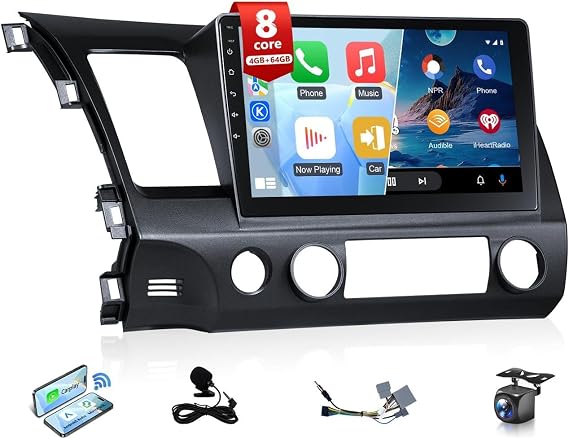 8Core 4G+64G Car Stereo for Honda Civic 2006-2011 Apple CarPlay | Android Auto, 10.1IN IPS Touch Screen for Civic Car Play Head Unit 5G WiFi GPS Nav FM RDS EQ DSP Audio SWC Camera