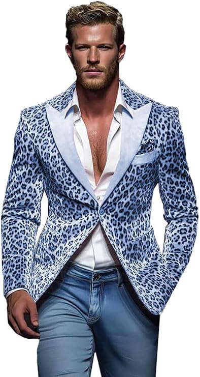 Men's Pink Leopard Blazer Slim Fit Peaked Lapel Velvet for Party