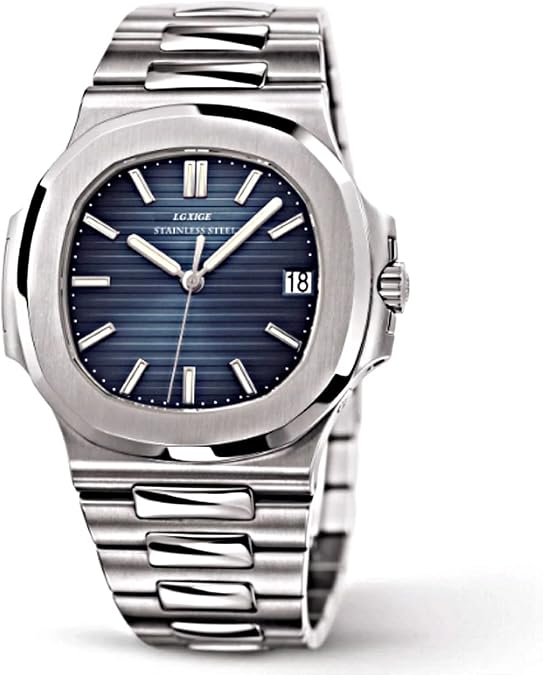 Mens Automatic Water Resistant Watch, Luminous Luxury Stainless Steel Blue Dial Patek Style Mens Watch