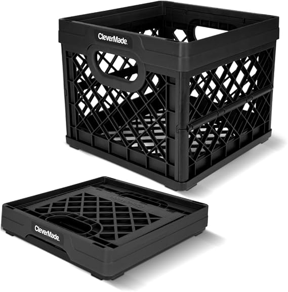 CleverMade Collapsible Milk Crate 25L (6.6 Gal), 50 lb Capacity Heavy Duty Folding Crate Stackable Storage Crates with File Rails, Plastic Collapsible Crates - Obsidian
