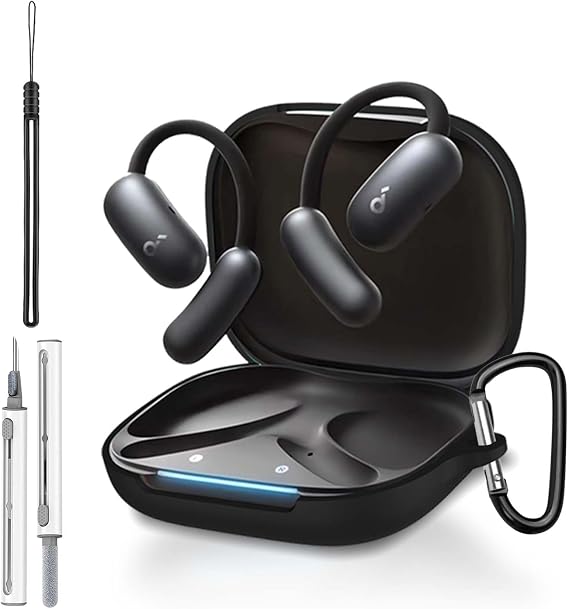for Anker Soundcore AeroFit 2 Case Cover, Full Protective Silicone Skin Cover for Soundcore AeroFit 2 by Anker,with Keychain & Lanyard and Cleaner Kit, Front LED Visible, Black