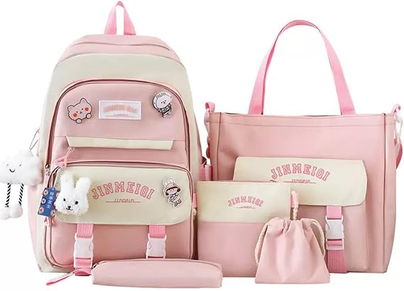 5Pcs Kawaii Cute Backpacks Combo Set with Bear Pendant Pins Patchwork Japanese Aesthetic Anime Bunny Daypack Bag Kit (Pink)