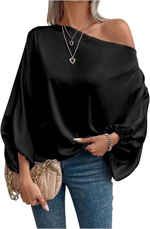 Verdusa Off The Shoulder Blouses for Women 3/4 Length Sleeve Asymmetrical Tops Business Casual Outfits