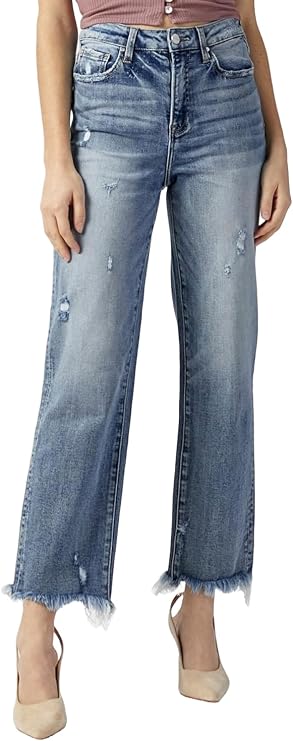 Risen Women's High Waist Raw Hem Straight Jeans