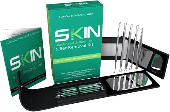 Premium Blackhead & Blemish Remover Kit - Acne Treatment 5 Dermatologist Stainless Steel Grade Tools - Blackheads, Acne & Facial Impurities - Travel Case & Integrated Mirror