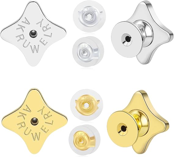 Earring Backs for Droopy Ears, AKRUWELRY Locking Earring Support Backs for Heavy Earrings 4PCS Four Corner-Shape Lifter Back Replacements Plus 4PCS Silicone Backs for Studs Large Backings
