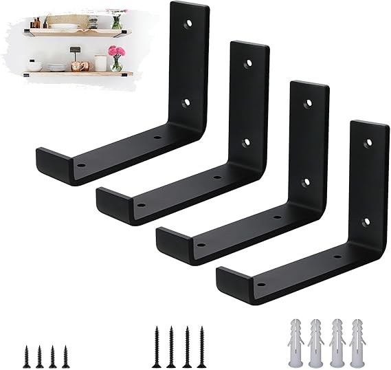 Scaffold Board Shelf Brackets 4 Pack - 5mm Thick Steel Heavy Duty Shelf Supports with Lips for 6 x 4 Inch (15cm x 10cm), Industrial Rustic Black Wall Shelf Brackets Kit