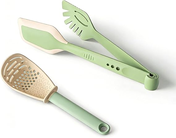 Kitchen Multifunctional Tongs & Spoon, Set of 2, Slotted Spoon & Detachable Kitchen Clamp for Egg Separator, Cooking, Draining, Mashing, Grating, Cooking spoon, Salads, Pastries Green