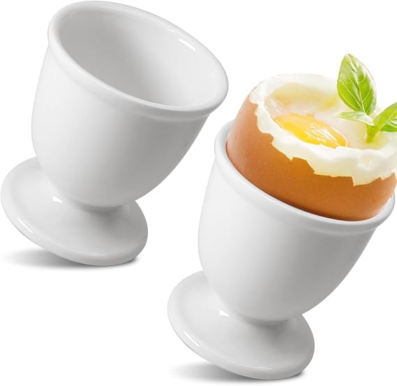 Ceramic Egg Cups 2 Pcs, White Porcelain Egg Holder for Boiled Eggs | High-Fired Shatterproof Build, Dishwasher Safe Clean, Great for Breakfast Cooking Kitchen/ Gift Childhood Memories