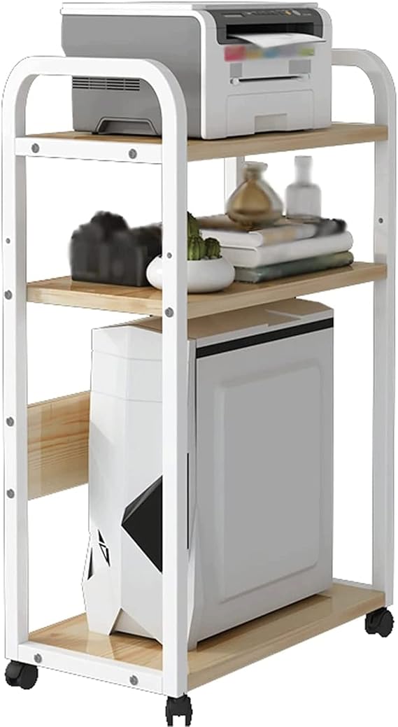 Printer Table Wooden Printer Stand, 3-Tier CPU Stand PC Cart Holder for Home ＆ Office, Workspace Organizers with 4 Caster Rolling Wheels Storage Shelve