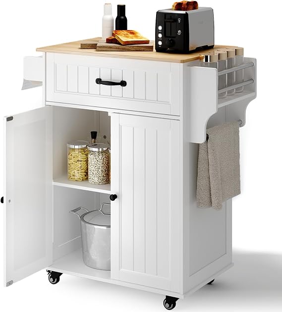 Xbro Kitchen Island with Wheels, Farmhouse Kitchen Storage Cabinet, Rubber Wood Countertop with Drawer and Adjustable Shelves, Portable Serving Cart with Towel & Spice Rack,White
