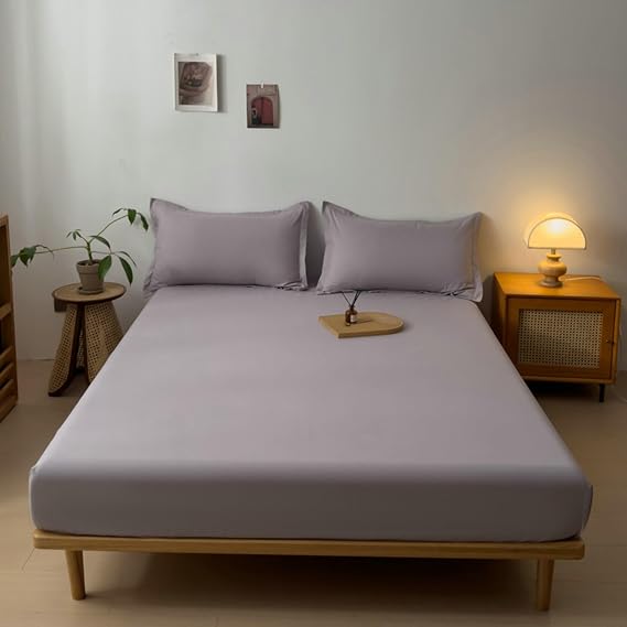 Deep Fitted Sheets King Cotton, Cotton Solid Color Bedding Fitted Sheets Easy Care, Silver Grey-Thin, C-King (87 x 71)