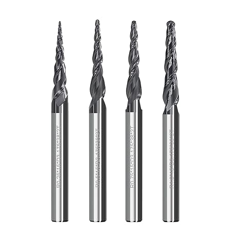 4Pcs Tapered Ball Nose End Mill, 1/8 Shank R0.25/R0.5/R0.75/R1.0 Tip Carbide Wood Engraving Bit CNC Router Bit Milling Cutter 2D and 3D Engrave Carving Woodworking Tool