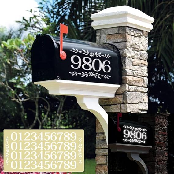 FlyWallD 2 Set Mailbox Numbers for Outside White Reflective Decal Front Door Stickers Housewarming Gift Waterproof Vinyl Number Mailbox Signs 2 Flowers and 44 Number