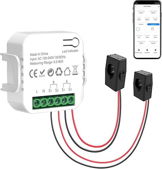 WiFi Smart Electricity Meter: Dual Channel Smart Home Energy Monitor with 2PCS 80A CT Clamp, Calibration Function, Tuya Smart Life App Remote Control, Real Time Electricity Monitor