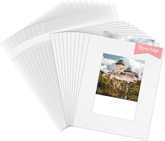 Mat Board Center, 10 Pack Acid-Free White Slip-in Photo Mats 8x10 for 5x7 with Backers & Clear Bags, Pre-Assembled Display kit, 8-Ply White Core Bevel Cut mattes for Picture & Art Mounting