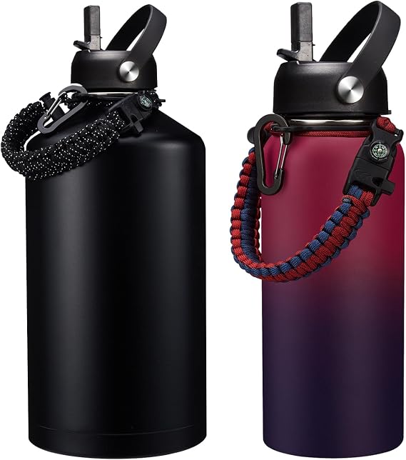 128 oz Metal Water Bottle and 32 oz Water Bottles with Straw & Spout Lid, Paracord Handle & Strap, Double Wall Insulated Flask, Reusable Wide Mouth Gym Water Jug for Outdoor Fitness Sports