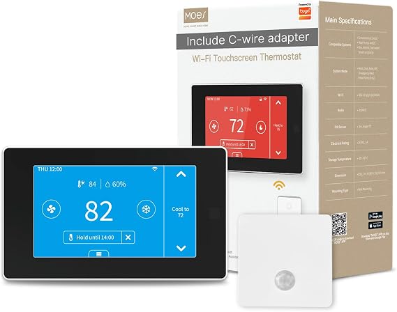 MoesGo Programmable WiFi Smart Thermostat for Home, No C-Wire Required by C-Wire Adapter, with Zone Remote Sensor, Remote Control Tuya/Smart Life, Compatible with Alexa and Google Assistant, 24VAC | For conventional 2H 2C and heat pump 4H 2C systems, C-wire adapter included, Smart Life Tuya app, Alexa and Google Assistant