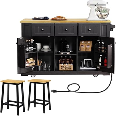 Rolling Kitchen Island on Wheels with Drop Leaf and Seating, Wide Moblie Kitchen Island with Storage Cabinets and Power Outlet, Large Island Table with 2 Bar Stools