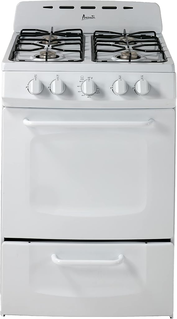 Avanti Gas Range Oven, Compact Freestanding Design, 2.6-Cu.Ft. Capacity 4 Sealed Burners with Electronic Ignition, Includes Broiler Storage Drawer and Accessories, 24-Inch, White