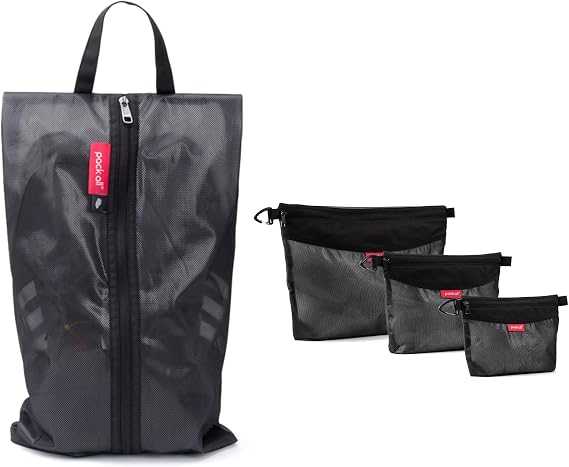 pack all Packing Organizers Bundle | 1 Dual Pocket Shoe Bag (Plus-Black) & 3Pcs Zipper Pouch Set (Black)
