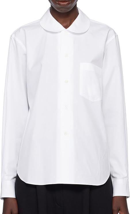 SUNNOW Women's White Peter Pan Collar Blouse Button Shirt with Patch Pocket, Pleated Cuffs & Back Yoke