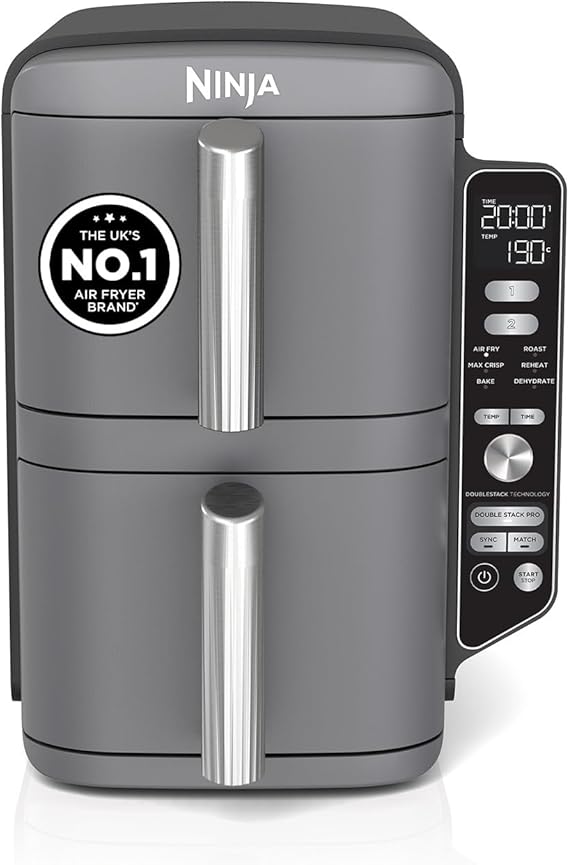 Ninja Double Stack XL Air Fryer, Vertical Dual Drawer AirFryer, SL400UK | with 4 cooking levels, 2 Drawers and 2 Racks, Space Saving Design, 9.5L Capacity, 6 Cooking Functions, 8 Portions, Grey