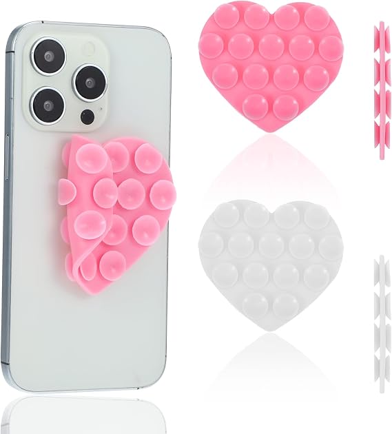 Nogeqi 2 Pcs Suction Phone Case Sticky Grip, Heart Shape Sticky Grippy Suction Phone, Double Sided Suction Cup Phone Case, Sticky Thing for Back of Phone Case Mobile Devices Mirror Glass(Pink, White)