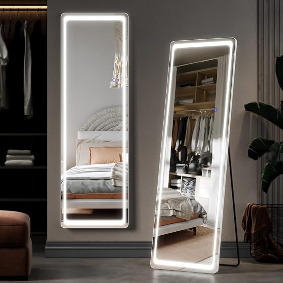 ELEGANT 63" x 20" LED Full Length Mirror with Lights, Free Standing Lighted Floor Mirror, Wall Mounted Hanging with Lights for Bedroom, Dimmable & 3 Color Lighting, Rounded Corners