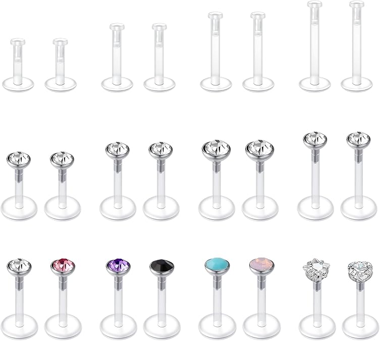 JFORYOU 16G 24Pcs Clear Lip Labret Medusa Piercing Studs Jewelry Flat Plastic Back Lip Rings Retainer Push Fit Bioflex Piercing for Monroe Ashelry Tragus Helix 6mm 8mm 10mm 12mm for Work