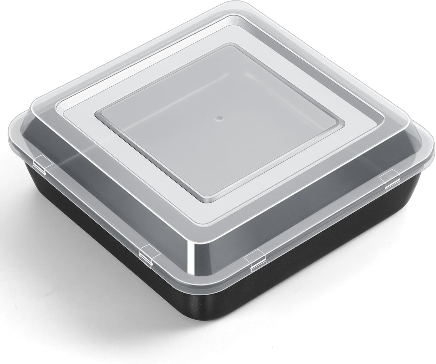 P&P CHEF Square Baking Pan with Lid, Nonstick Stainless Steel Square Cake Pan and Plastic Lid, Black Bakeware Tin for Lasagna Brownies, Sturdy & Easy Clean, (8 Inch, 2Pcs)