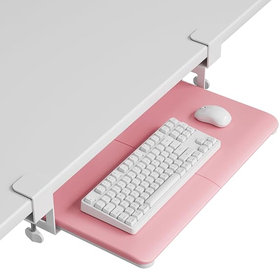 BONTEC Under Desk Keyboard Tray, Pull-Out Keyboard & Mouse Platform | C-Clamp Mount, Space-Saving Ergonomic Slide-Out Drawer, 31.3 in Including Clamps, 20 x 11.8 in Tray, Pink