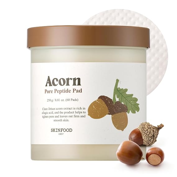 SKINFOOD Acorn Pore Peptide Toner Pad, Korean Skincare Facial Toner, Pore Tightening, Elasticity, Skin Texture Improvement, Firming Up Sagging Skin 8.81 oz (60 Pads)