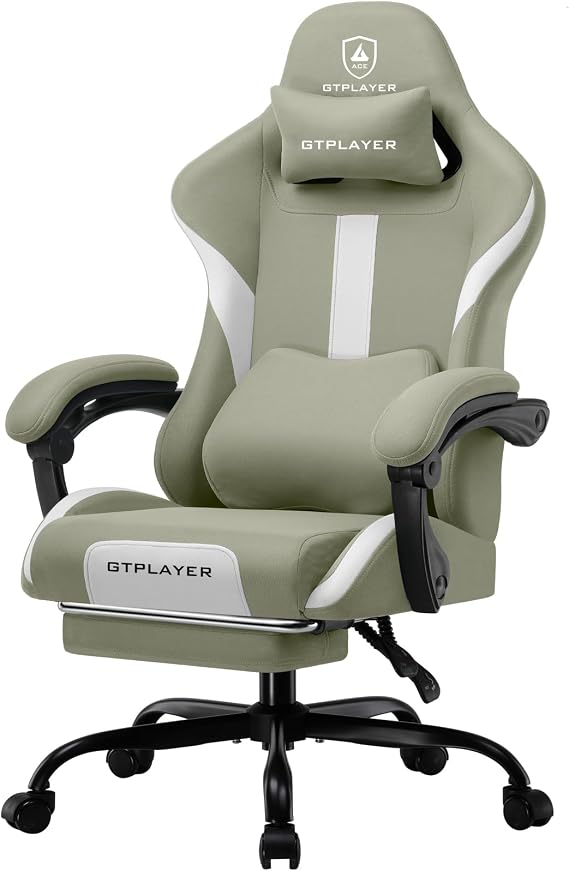 GTPLAYER Gaming Chair Office Chair Ergonomic Gaming Chair with Headrest and Cloud Lumbar Cushion Padded Gaming Chair with Footrest Swivel Chair 150 kg Capacity Green