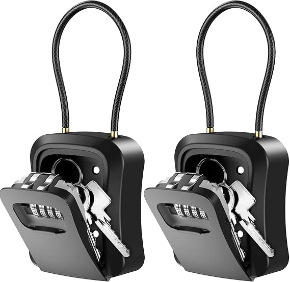 Key Safe Set of 2 with Combination Code Removable Cable Weatherproof 4 Digit Combination Code Key Cabinet for Keys Door Card