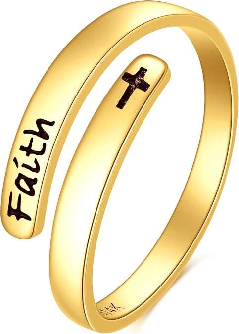 KECHO 14K Real Gold Inspirational Ring Adjustable Open Ring Yellow Solid Gold Jewelry Gifts for Women Men
