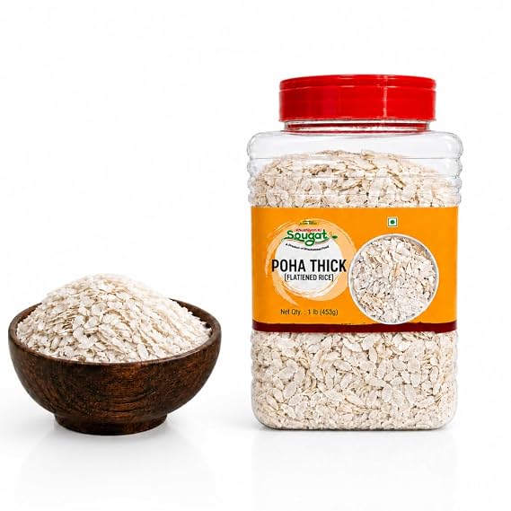 Khushiyon Ki Sougat Thick Poha Flattened Rice, 16 oz (1 lb) Rice Flakes, Powa & Beaten Rice for Kanda Poha, Aloo Poha, Chivda and Indian Breakfast Recipes