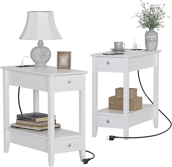 Treocho End Tables Living Room Set of 2 with Charging Station and 2 Drawers