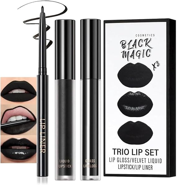 3Pcs Black Matte Liquid Lipstick and Lip Liner Set - Black Lip Gloss Stain Lipliner Set, Moisturizing Velvet Liquid Lipstick/Non-Stick Cup Lipgloss for Halloween Goth Makeup
