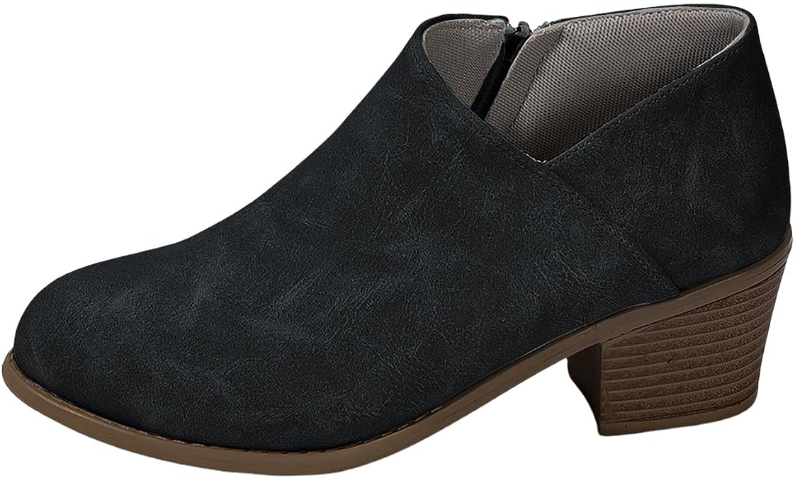 Women Ankle Booties Faux Suede V Cut Chunky Low Heel Booties 2025 Winter Fall Side Zipper Boot Dressy Boots
