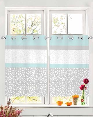 Aqua Grey Sheer Curtains 39 Inch Length 2 Panels Set, Chic Garden Floral Stripe Embroidery Design Grommet Kitchen Curtains Sheer Window Curtain for Living Room Bedroom Light & Airy Privacy Drapes