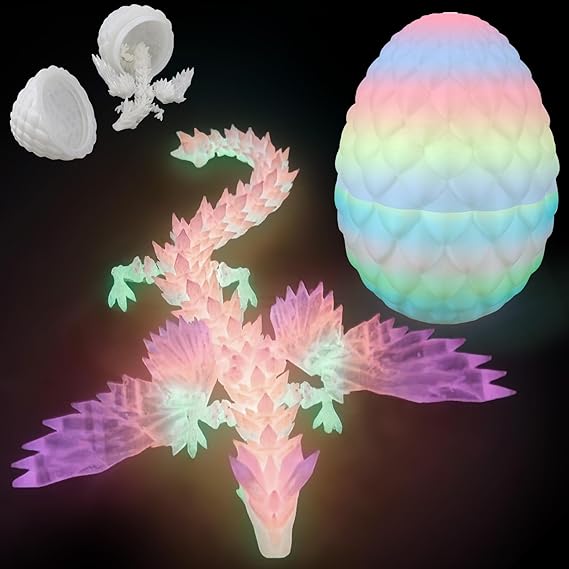 oyeftp 3D Printed Dragon Egg, 3D Printed Dragon with Wings Glow in The Dark, Toys Cool Dino Fidget Toy Animals Dinosaur Eggs Stocking Stuffers, Home Office Decor, Easter Basket Stuffers