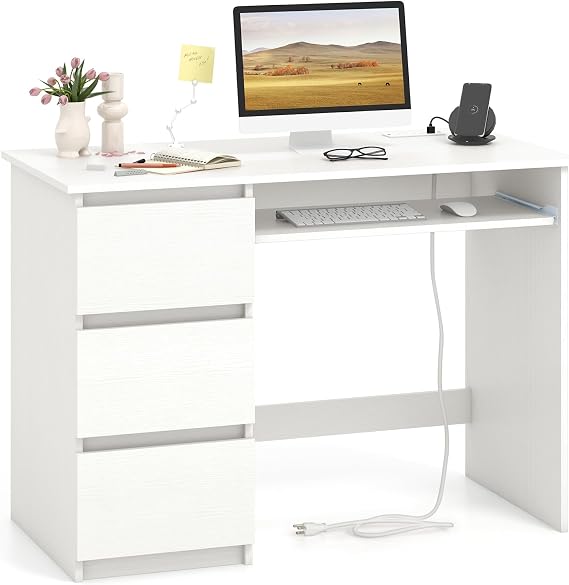 GIANTEX White Desk with Drawers, Modern Computer Desk with Charging Station & Keyboard Tray, Laptop PC Computer Workstation, Study Writing Desk for Bedroom